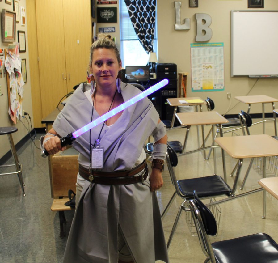 Biology+teacher+Mrs.+Wells+was+one+of+very+few+to+dress+up+for+the+Star+Wars+pep+rally+theme+day.+