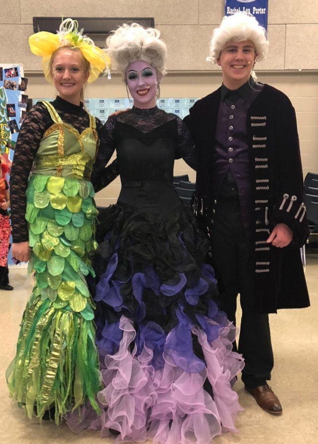 Sophomore Katherine Hansen, senior Makenzie Peacock and sophomore Cole Wheeler mingle with the audience after The Little Mermaid Opening Night Gala Oct. 6. 