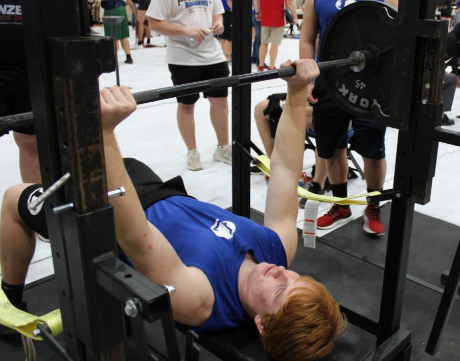 Sophomore+Owen+Seaver+warms+up+for+bench+press+at+the+Lampasas+powerlifting+meet+on++Jan.+17.+