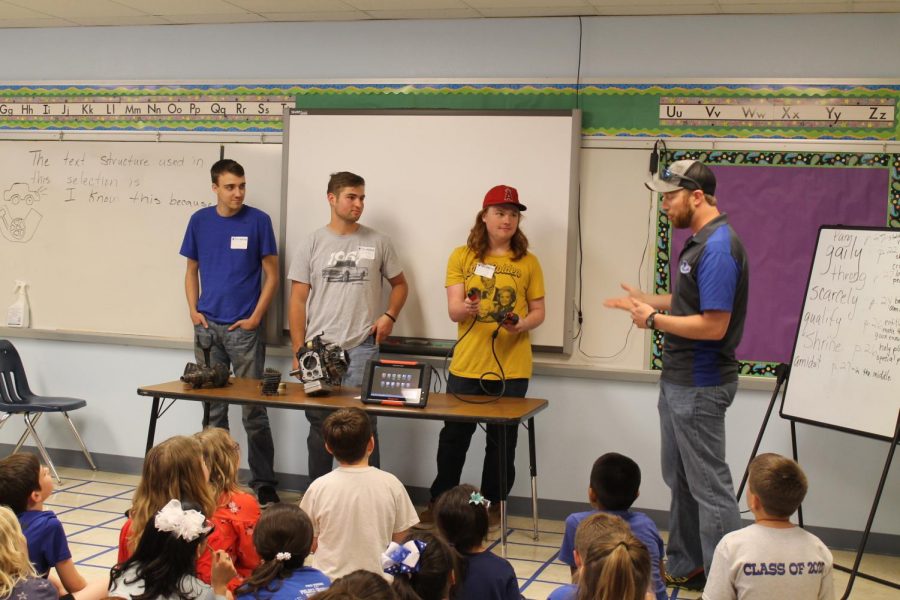 Mr. Gold and senior Zach tell the elementary students how the computers in automobiles work. 