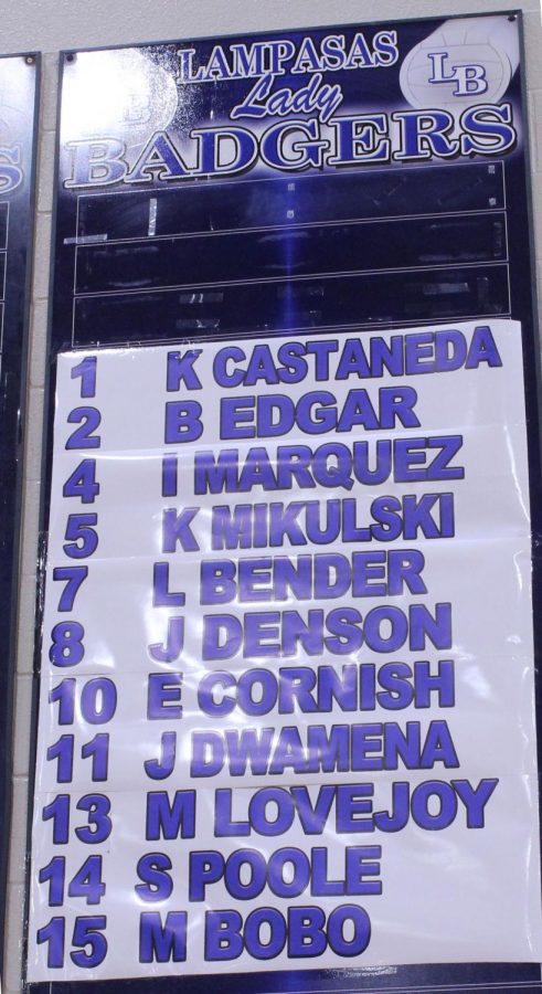 This roster of the varsity volleyball team hangs in the main competition gym alongside individual and team posters. Freshman, JV and varsity volleyball teams will play Early at home tonight starting at 5:00. 