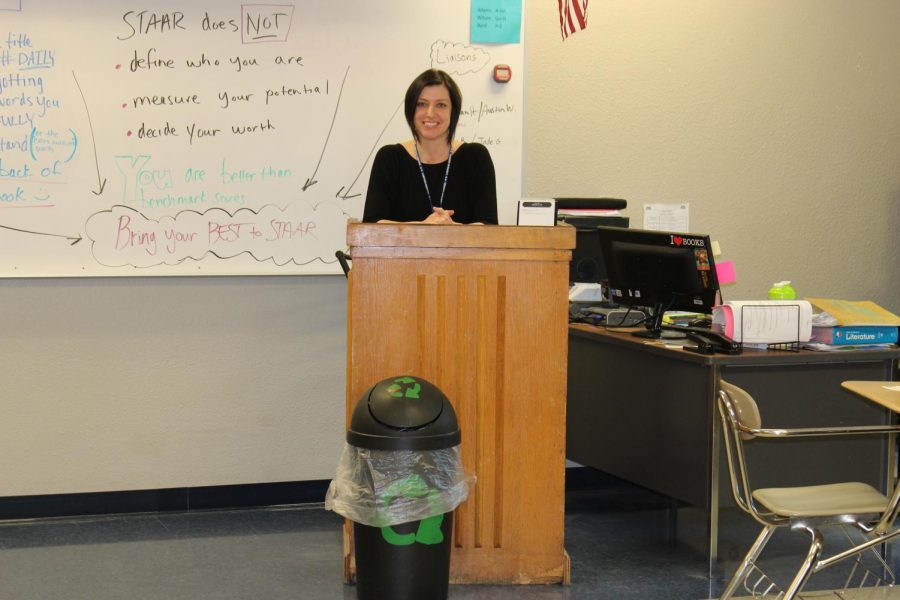English teacher Jennefer Moore keeps a recycle bin in her classroom in hopes that the high school will begin recycling. 