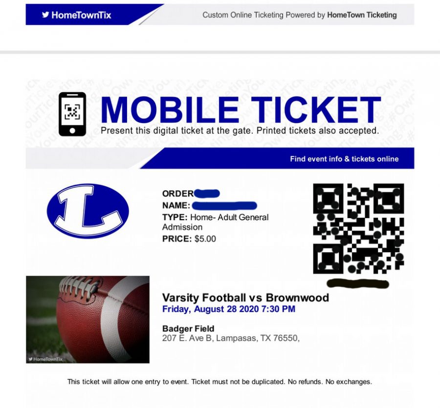 Spectators show a digital or printed ticket like this one to be scanned to enter sporting events this year. Tickets must be purchased online before the game to avoid contact at the gate. 