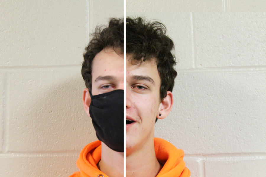Junior Brenden Burke is shown wearing a mask on one half of his face and not on the other. Wearing masks has become the new normal, but it leaves people curious about what someones full face looks like. 