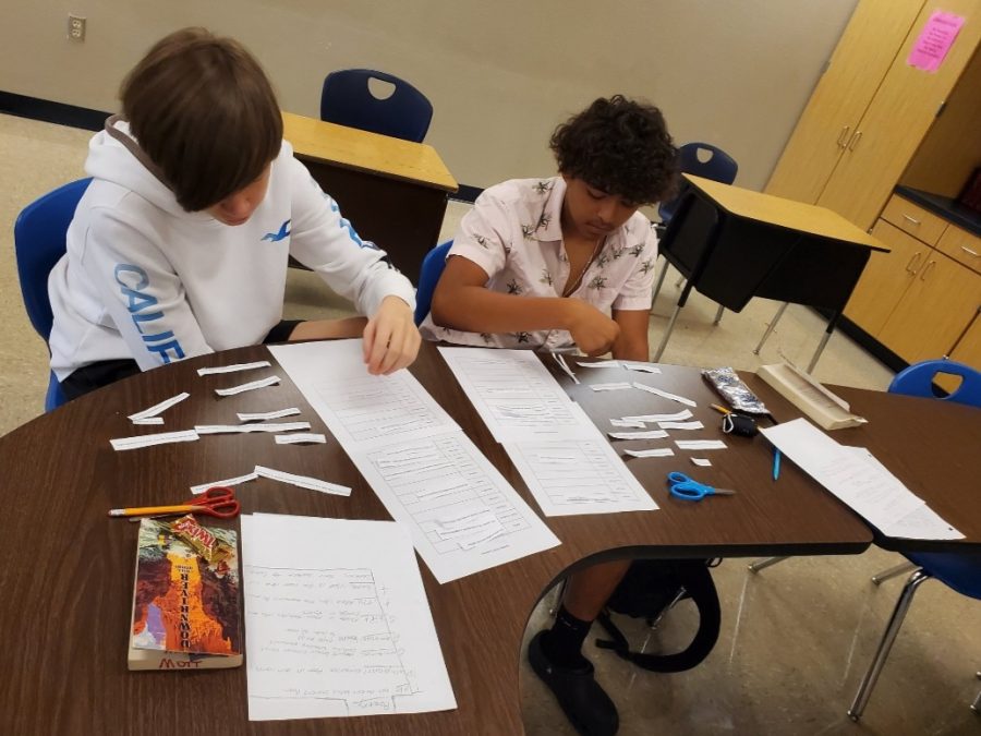 Students Mason Delozier and Rafael Mejia do a vocabulary activity during English summer school in 2021.