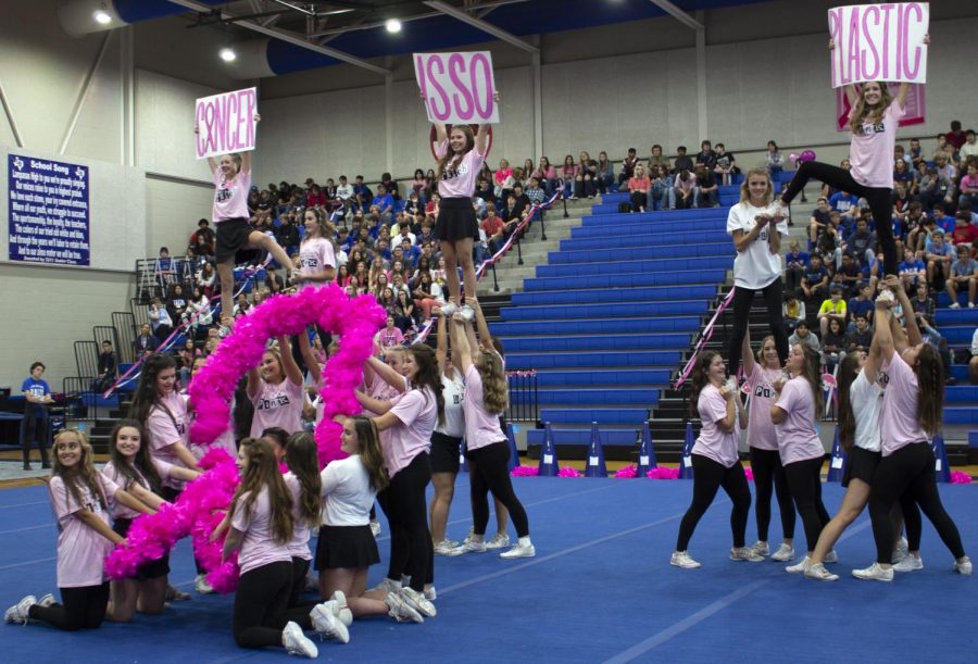 Cheerleaders perform during the Pink Out Pep Rally Oct. 14.