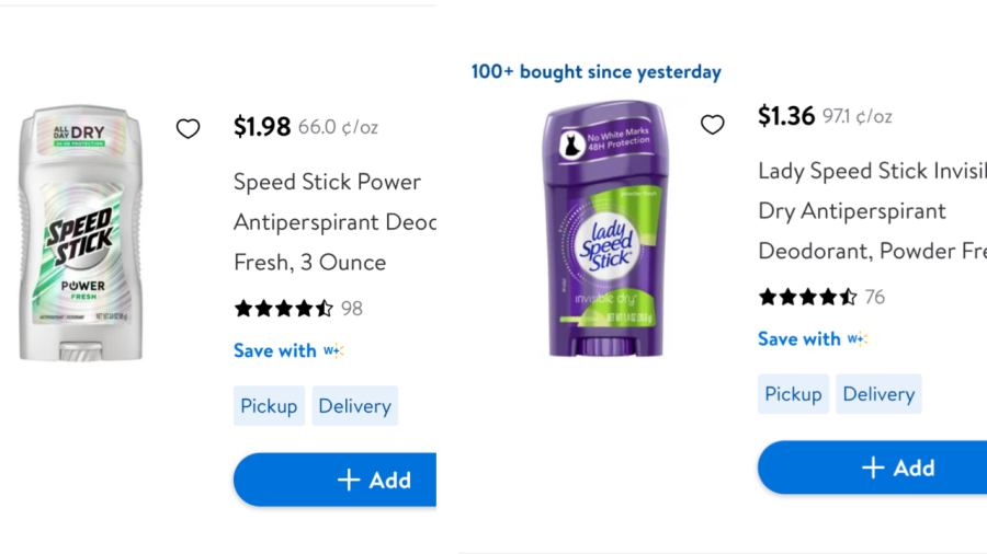 The pink tax is exemplified here on Walmart.com. Womens deodorant costs 31 cents more per ounce than the same brand for men.