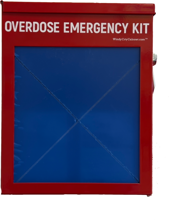 Boxes like this can be found around the school and contain Narcan, administered to reverse the effects of opioids and prevent opioid overdoses.