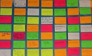 Students wrote inspirational phrases on cards that are hung outside of Mrs. Ecker's classroom.