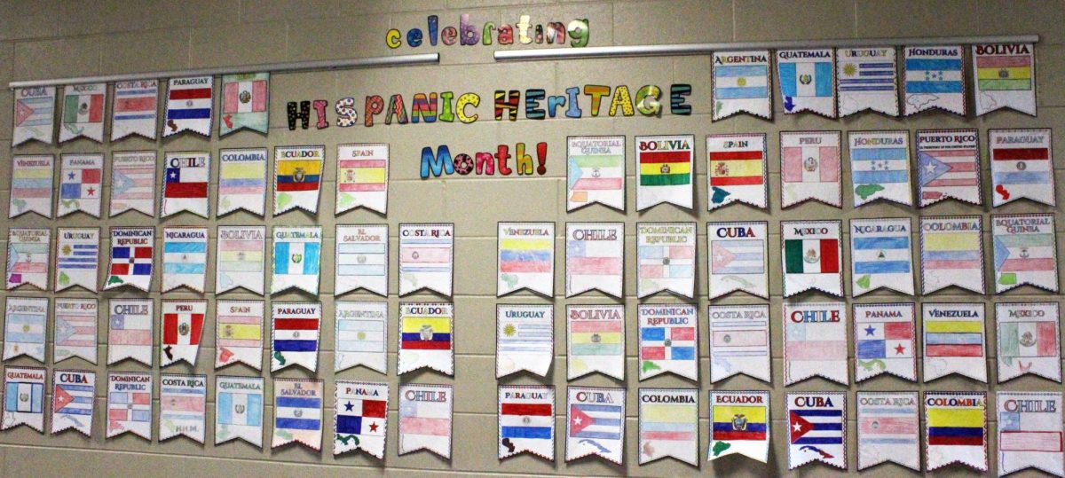 Students colored flags of different Hispanic countries and theyre displayed outside of Mrs. Alvarezs room for Hispanic Heritage Month.