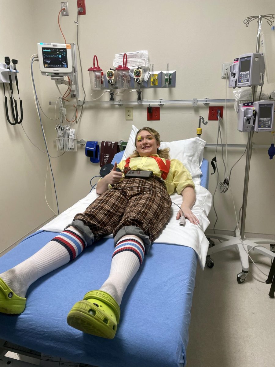 Sophomore Samantha Sturgeon prepares to get stitches at Rollins
Brook Hospital after her performance as Spongebob Nov. 11.