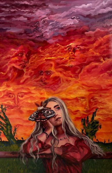 Sophomore Daphne Davenports painting will compete at the state meet April 27. The surrealist style conveys the complex and ever-changing symbolic shape of clouds.