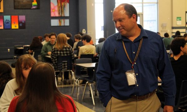 Assistant principal Paul Weinheimer speaks to students at lunch May 2. Weinheimer will be the head principal next school year. 