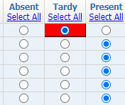 Skyward attendance tab shows where teachers can mark students tardy.