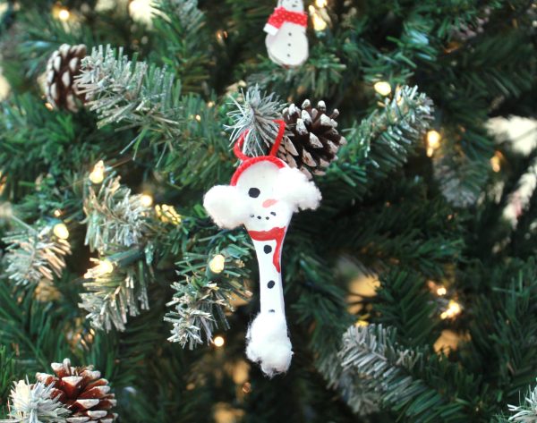 Handmade ornament hangs from Christmas tree branch.