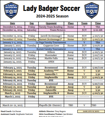 2024-2025 Lady Badger soccer season calendar.