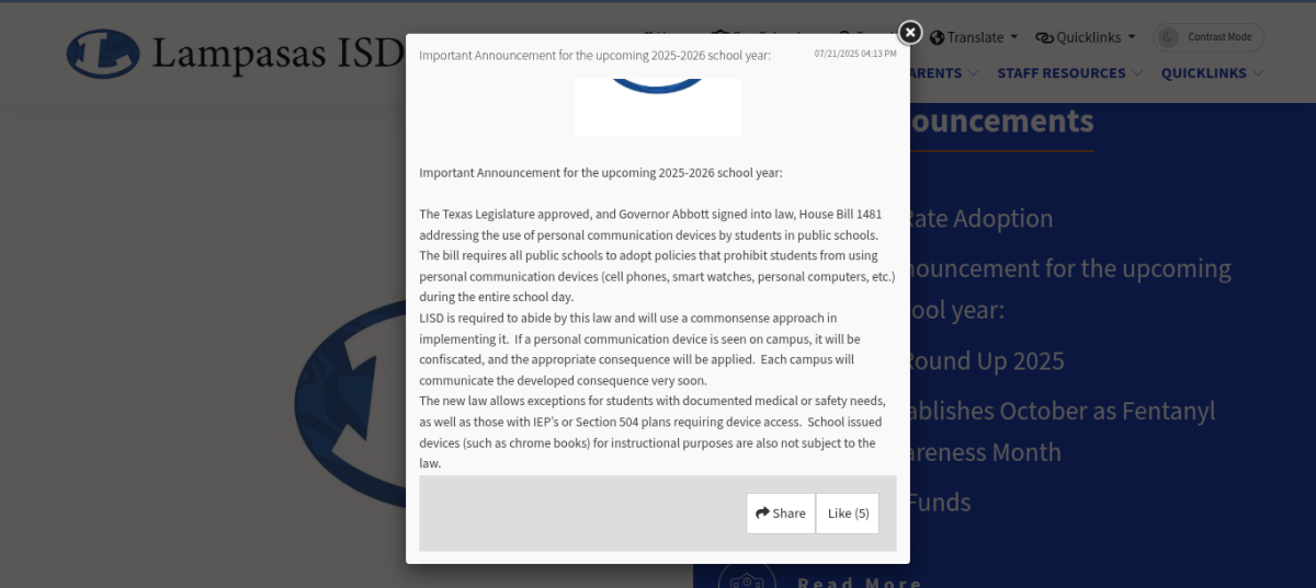 Message displayed in announcement section of district website.