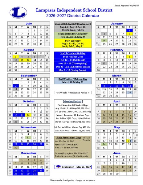 Oct. 12-14 students will have a new break. The fall break will range from Oct. 12-13 with Oct. 14 being a staff workday, allowing students an extra day off during this period. Scheduling these days right after a weekend gives student five consecutive days off and teachers four. Students have the same amount of time as they normally would for their Thanksgiving and winter breaks. Courtesy of Lampasas Independnt School District.