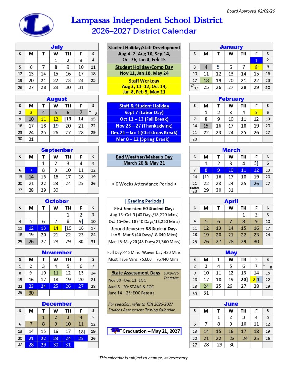 Oct. 12-14 students will have a new break. The fall break will range from Oct. 12-13 with Oct. 14 being a staff workday, allowing students an extra day off during this period. Scheduling these days right after a weekend gives student five consecutive days off and teachers four. Students have the same amount of time as they normally would for their Thanksgiving and winter breaks. Courtesy of Lampasas Independnt School District.  